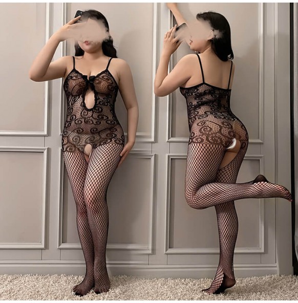 FEE ET MOI - Hollow Mesh Open Crotch Bodystocking (Plus Size - Black) FEE ET MOI - Hollow Mesh Open Crotch Bodystocking (Plus Size - Black)